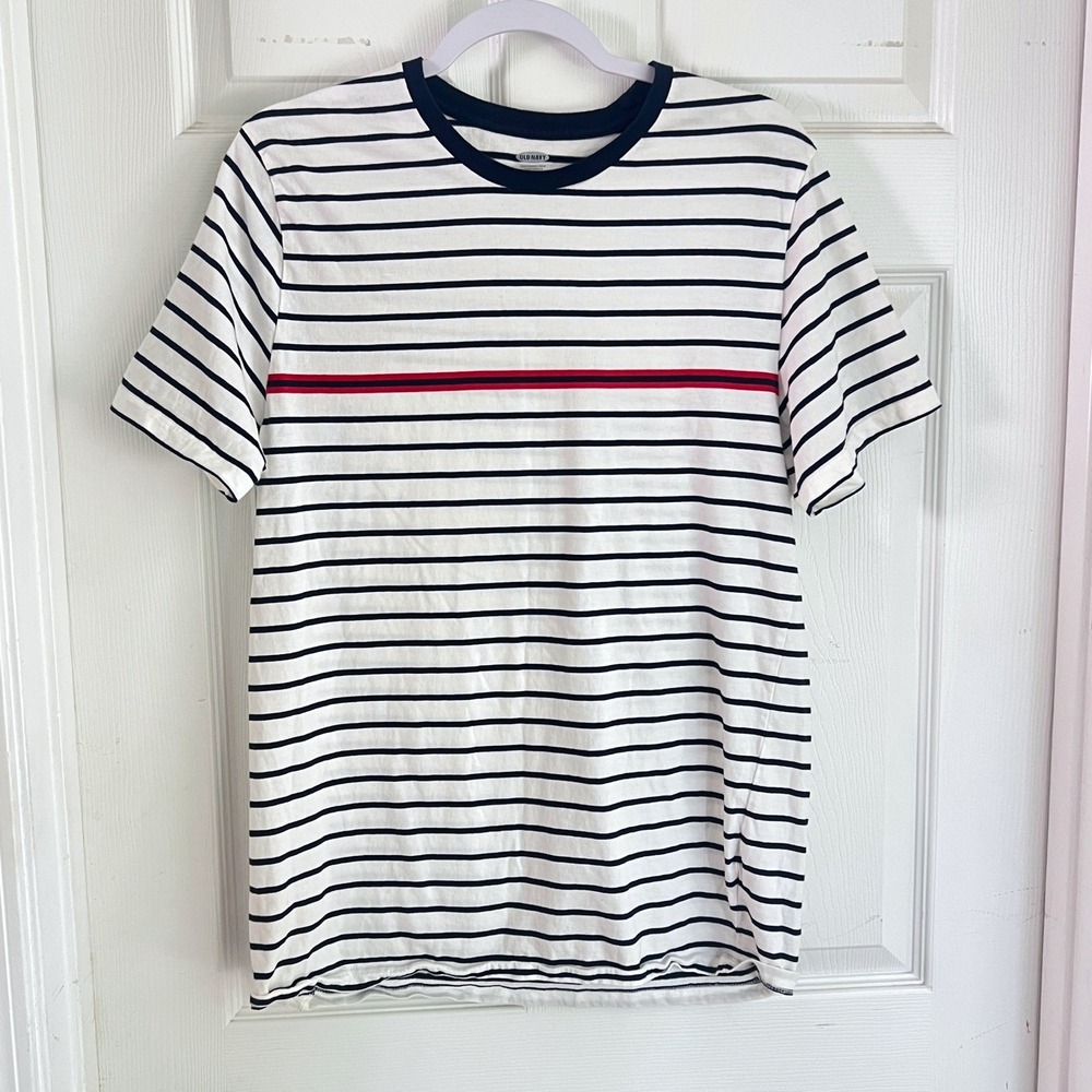 Old Navy Striped T-Shirt Large Womens Ringer Crew Neck Cotton White Navy Red